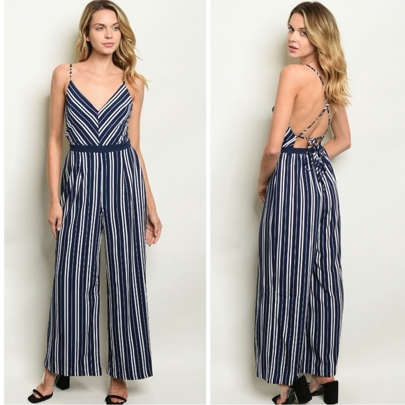 Pants - Navy Stripes Strappy Open Back Wide Leg Jumpsuit